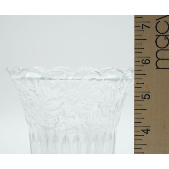 KIG Malaysia Clear Glass 6” Vase Ribbed with Embossed Sunflowers Scalloped Edge - Picture 5 of 5